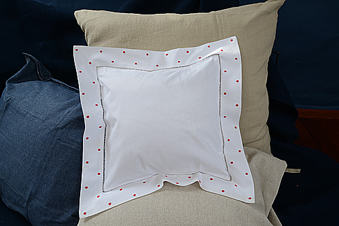 Hemstitch Baby Square Pillows 12x12" with Red Polka Dots